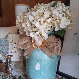 Elegant Cream Hydrangea Arrangement in Turquoise Vase